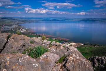 Beautiful view of the Sea of Galilee from the cliff of Mount Arbel National Park and Nature...