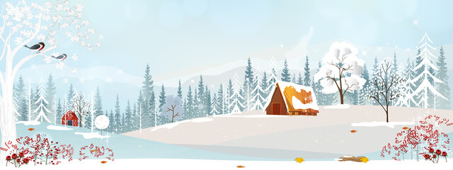 Winterwunderland-Landschaftskarte mit Silhouetten von nebligen Kiefern im Wald mit Holzscheune, Vektorillustrationsbanner friedlicher Natur im minimalistischen Stil für Weihnachten, Neujahrshintergrund