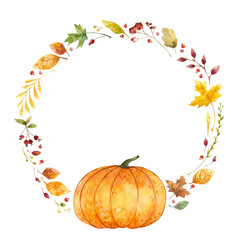 Naklejka na ściany i meble Watercolor wreath with pumpkin and fall leaves. Autumn, Thanksgiving Day. 