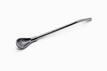 plastic free stainless steel straw-spoon strainer (Bombilla) isolated on white background. for mate...