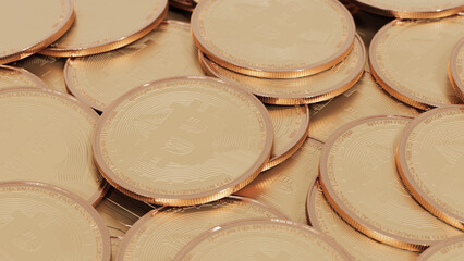 A Lot Of bitcoin Crypto currency background. Gold BTC group background. 3d render.