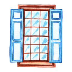Obraz premium Architect drawing of old fashioned blue wooden windows and shutters in old European building. Watercolor illustration, hand graphics 