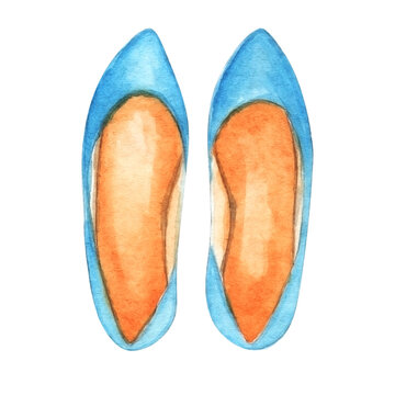 Hand-painted blue watercolor high heel, ballet shoes. Isolated watercolor illustration.