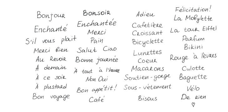 Set of words and phrases in French. Handwritten word. Greetings, hello, have a nice day, goodbye, words of love, kiss.