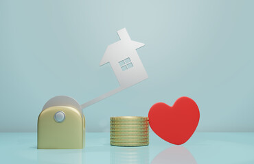 Real estate investment, Key house on gold coins, and red heart on blue background. 3d render.