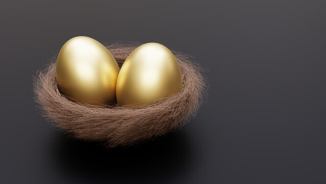 Golden egg easter in the basket. gold egg nest on black background. Fund for retirement concept. 3d render. 