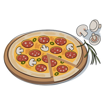 Pizza with a cut slice on a wooden board. Champignons, sausage and olives. Stylized vector drawing in doodle style, for menu, kitchen poster, textiles.