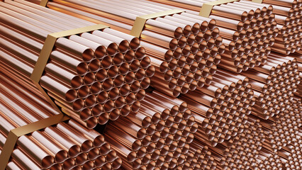 Industry production for plumbing. Copper pipes background. 3d render.