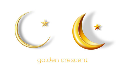 Fototapeta na wymiar Realistic images of golden crescents with stars of different shapes and colors