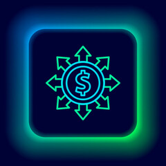 Glowing neon line Dollar, share, network icon isolated on black background. Colorful outline concept. Vector
