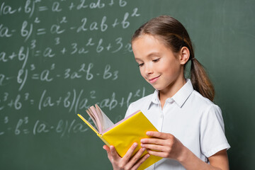 pleased schoolkid reading book near blurred equations on chalkboard