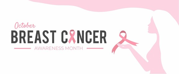 Naklejka na ściany i meble Breast cancer awareness month concept with pink ribbon and woman silhouette. Flat style vector illustration for breast cancer prevention campaign. Pink power design template for flyer, leaflet, banner