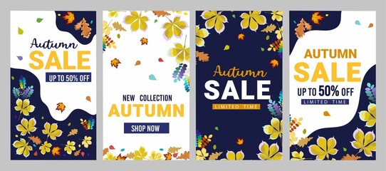 Obraz na płótnie Canvas Set of autumn sale backgrounds for shopping poster, flyer, leaflet, banner etc. Flat style vector illustration. Fall sale design template with lettering and colorful leaves