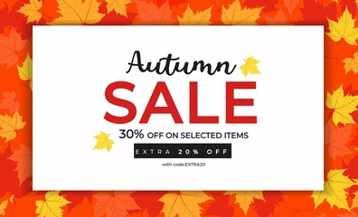 Autumn sale banner template with colorful maple leaves. Fall seasonal shopping design template for flyer, brochure, poster, voucher. Flat style vector illustration.
