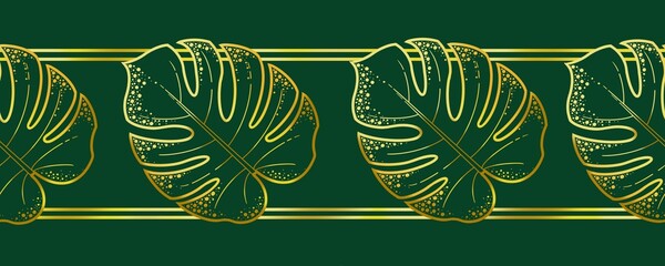 Seamless pattern, edge, border. Golden monstera leaves on a dark green background © Nat