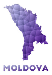 Map of Moldova. Low poly illustration of the country. Purple geometric design. Polygonal vector illustration.