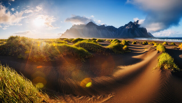 Unique view of Stokksnes cape on sunset. Location place Vestrahorn, Iceland, Europe.