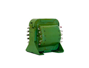 Green AC transformer on a white background. 220 V, 50 Hz.