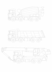 Set of vector sketches of construction automotive equipment. Vector illustration.