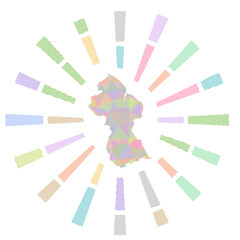 Guyana sunburst. Low poly striped rays and map of the country. Authentic vector illustration.