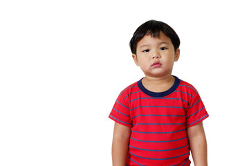 Cute Asian boy wearing bright red striped t-shirt standing on white background. With copy space for text.