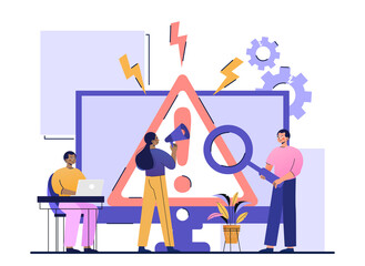 Multiracial people researching operating system errors warning on web page. Abstract metaphor. Website error message. Computer diagnostics, digital technology concept. Flat cartoon vector illustration