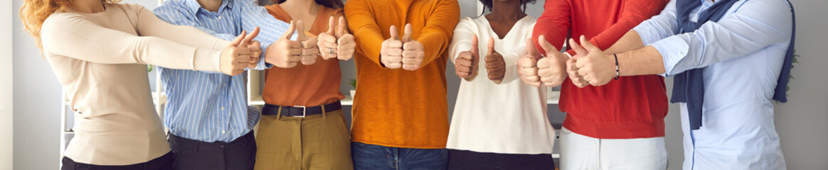 Banner with team of diverse people giving thumbs up all together. Header image with cropped...