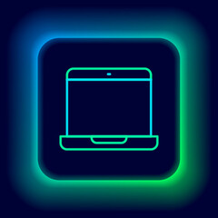 Glowing neon line Laptop icon isolated on black background. Computer notebook with empty screen sign. Colorful outline concept. Vector