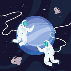 Astronauts in front of neptune