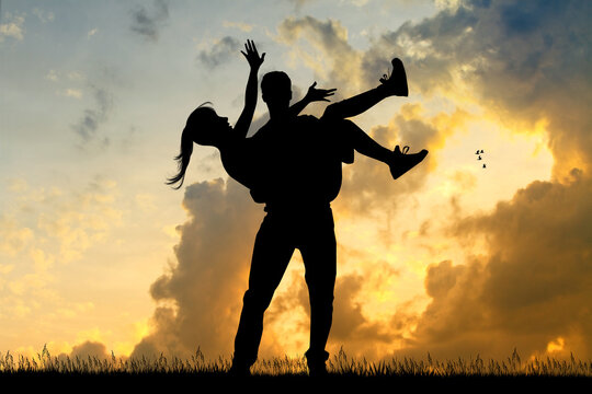 illustration of happy couple silhouette at sunset