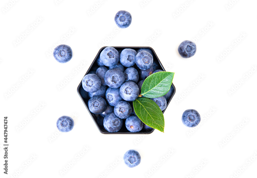 Poster blueberries in a hexagon box isolated on white