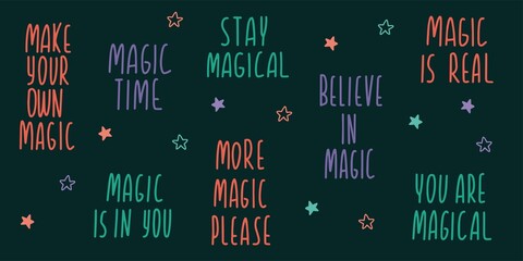 Magic lettering sign quote typography set. Inspiration hand drawn lettering. Calligraphy design for postcard poster graphics. Simple vector sign card colored elements.