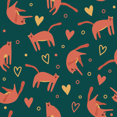 Seamless pattern with cute trendy cats sitting, walking, sleeping with elements around. Vector illustration isolated on dark green background in modern style. Perfect for textile, packaging