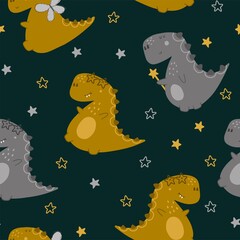 Cute dinos with stars, wings, magic wand. Seamless pattern on dark background. Vector illustration in childish style. Perfect for kids apparel, fabric, textile, nursery decoration, wrapping paper