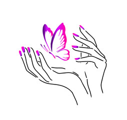 Beautiful female hands. Nail studio. Nail polish logo. pink butterflies. vector illustration