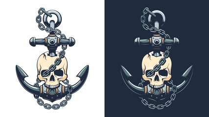 Pirate skull with anchor and chain. Sailor skeleton emblem. Vector illustartion. - obrazy, fototapety, plakaty