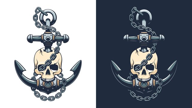 Pirate skull with anchor and chain. Sailor skeleton emblem. Vector illustartion.