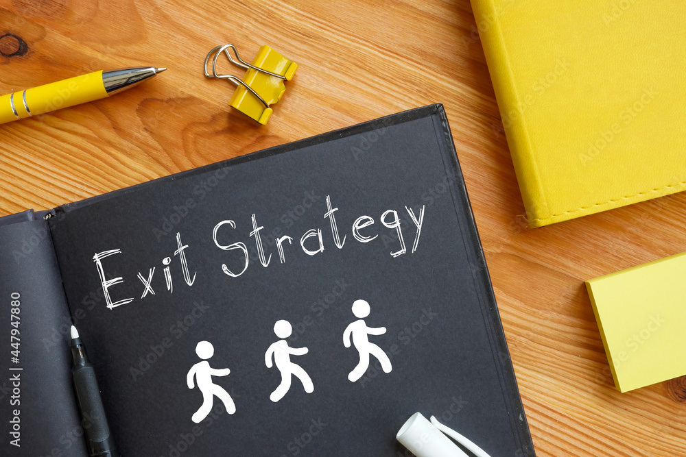 Poster Exit Strategy is shown on the business photo using the text