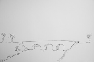 Brücke mit drei Bögen zur Überbrückung eines Flusses in Form einer Skizze aus Tusche auf Papier