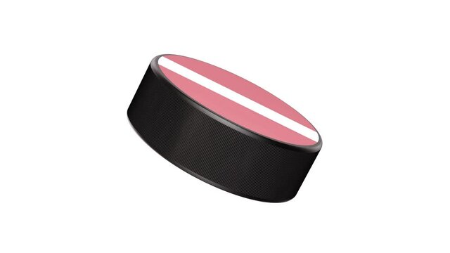 Realistic looping 3D animation of the Latvia national flag label ice hockey puck rendered in UHD with alpha matte