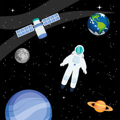 Naklejka premium Astronaut planets satellite and stars