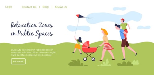 Relaxing zone in park, family with kids walking