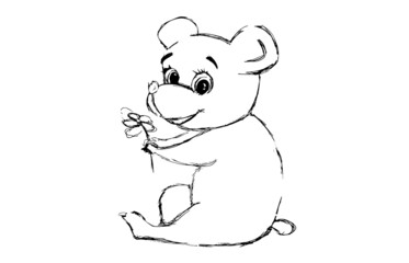 black outline of a cute bear holding a flower in his hands, isolated on a white background. Bear Sketch