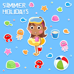 Adorable little black girl and summer holidays - Cute cartoon illustration of a summer beach party - Isolated on the blue background