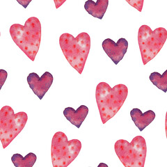 Fototapeta premium Watercolor hand drawn artistic hearts pattern, pink heart with red dots, violet hearts