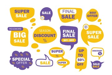 Sale lettering set. Bright yellow and purple lettering. Sale. Discount. Vector illustration.