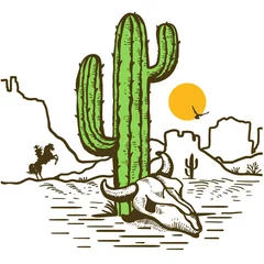 Foto op Plexiglas American desert landscape with Cactuses and bull skull. Arizona desert with yellow sun and cactuses silhouette. Vintage Westerrn symbol hand drawn color illustration isolated on white for design. © GeraKTV