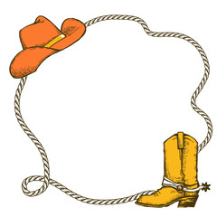 Rope frame with Cowboy hat and cowboy boot. Vector vintage illustration of Cowboy Ranch Concept isolated on white. - obrazy, fototapety, plakaty