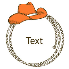 Rope frame with Cowboy hat and cowboy boot. Vector vintage illustration of Cowboy Ranch Concept isolated on white. - 447950695