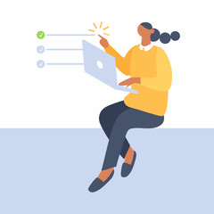 Woman work on laptop - concept of completing task from to-do list.Programmer on remote work, distance E-learning or online training.Lady developer with notebook. Funky figures.Vector illustration